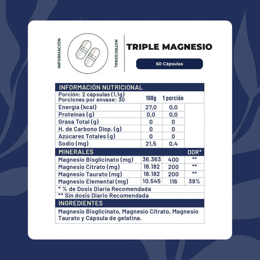Triple Magnesio - Bisglicinato, Citrato y Taurato 400mg 60 Cap - Karún Life