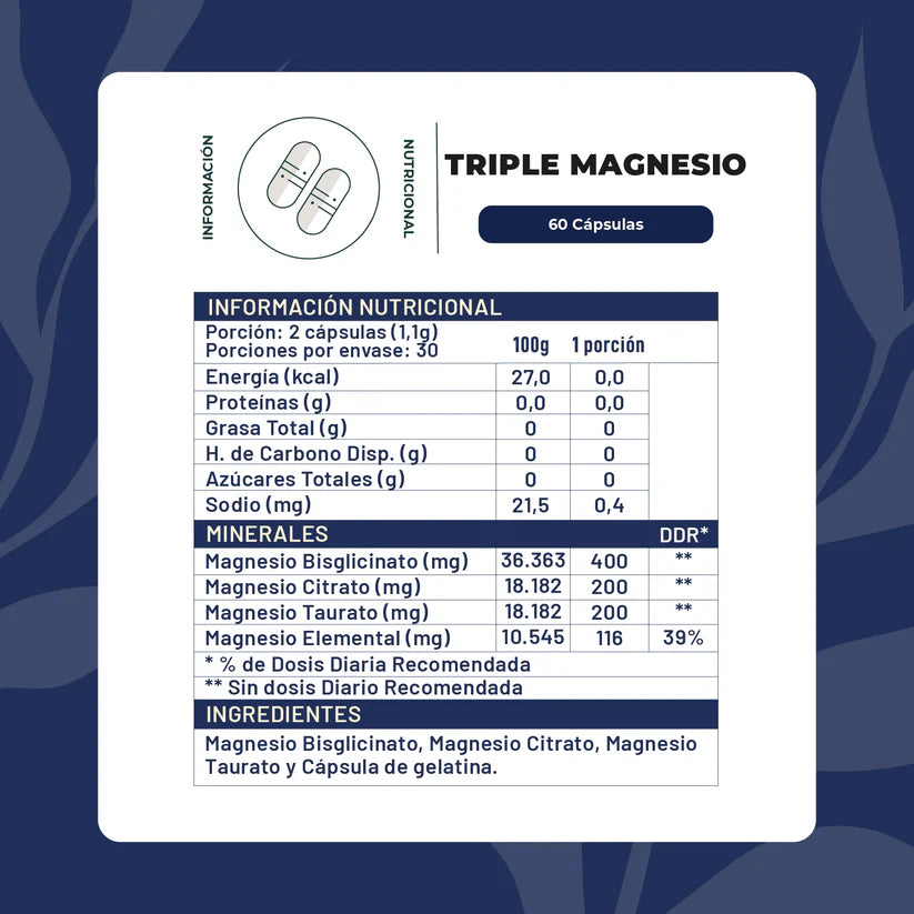 Triple Magnesio - Bisglicinato, Citrato y Taurato 400mg 60 Cap - Karún Life